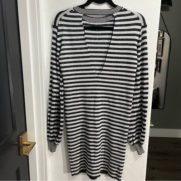 Maje Rushour Metallic Striped Long Sleeve Keyhole Stretch Knit Mini Dres… - Picture 5 of 15